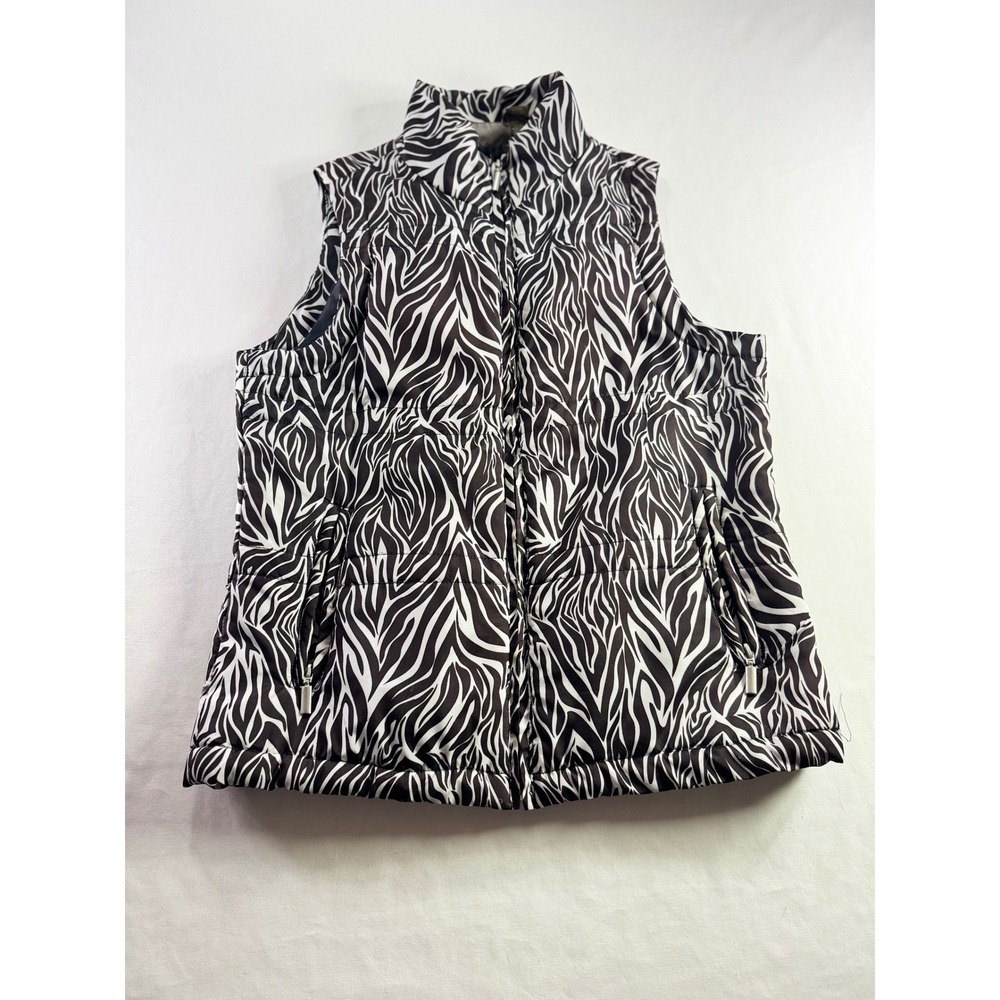 Jane Ashley Puffer Vest Womens Medium Black White Zebra Print‎ Full Zip Pockets